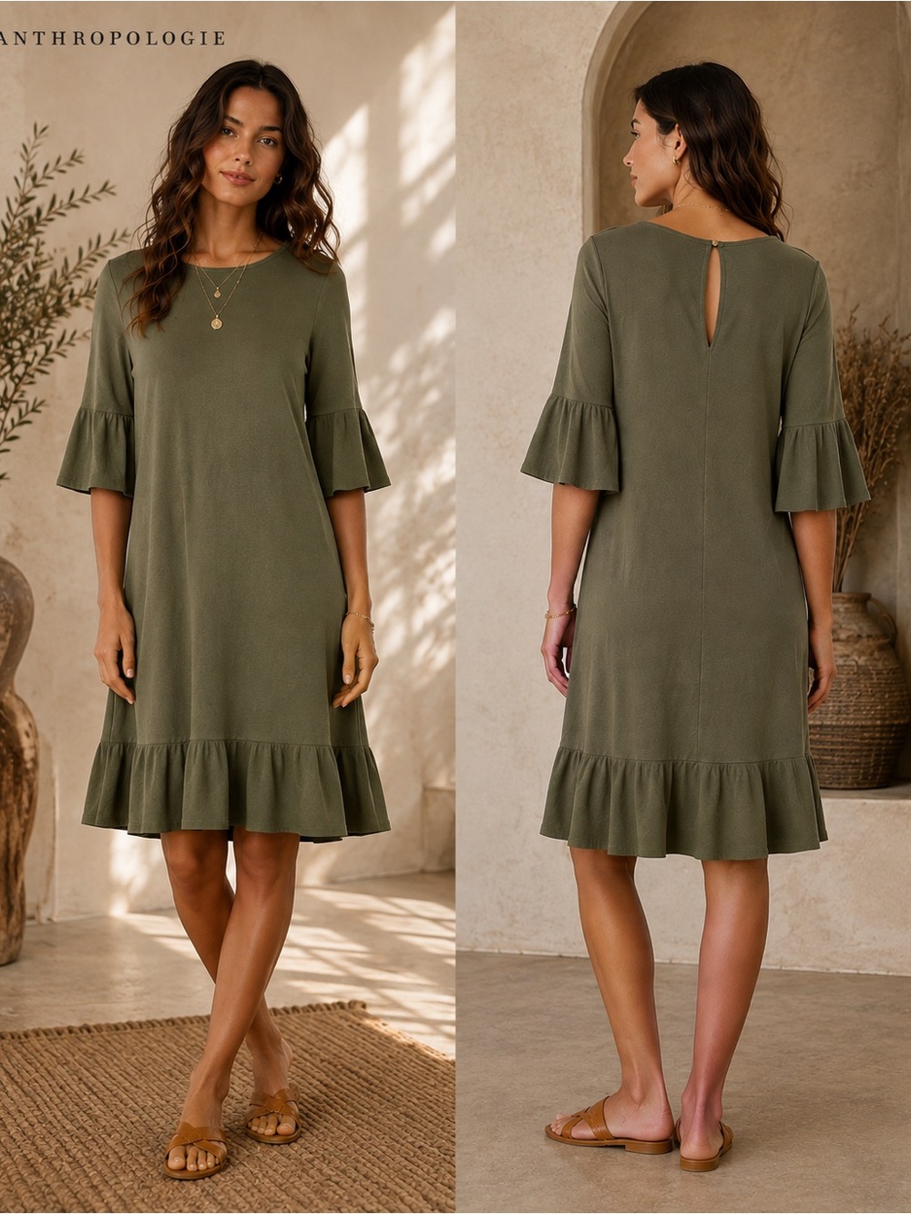 Anthropologie Olive Green Modal Bell Sleeve Ruffle Hem Dress NWOT MP